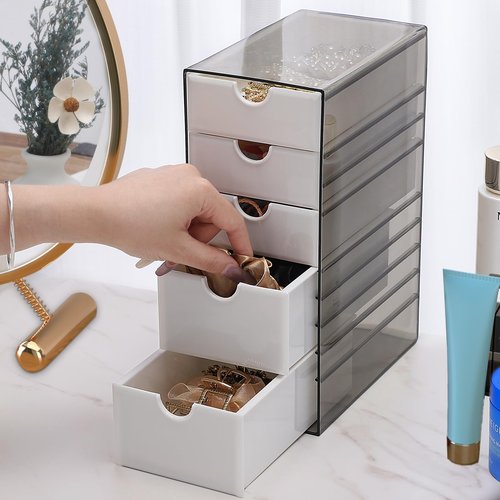 Hair Accessories Organizer with Removable Drawer, Large Capacity Desk Organizer Box with Stackable Cases, Hair Styling Storage Box for Hair Ties, Clips&Pins, 5-Tier Plastic Containers, Clear Black