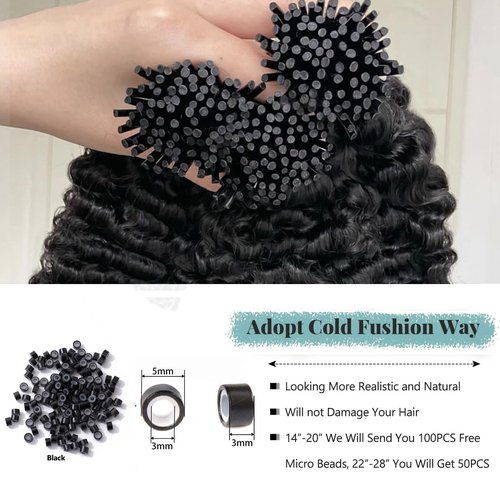 I Tip Human Hair Extensions, Natural Black Pre Bonded Micro Links Real Human Hair Extensions for Black Women Deep Wave Curly Itips Hair 22 Inch 0.5g/Strand 50g