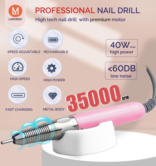 Lumcrissy Professional Rechargeable Nail Drill 35000 RPM - Cordless Electric Nail File ,Portable Efile for Shaping/Removing/Polishing Gel/Acrylic Nails | Ideal for Home DIY & Salon Manicure Pedicure