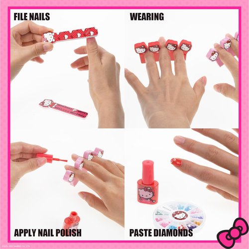 Hello Kitty Water-Based Nail Polish Set, Peel-Off Set with Glittery & Opaque Colors and Nail Accessories for Girls Kids, Perfect for Dress Up, Parties & Makeovers Ages 3+ by Townley Girl