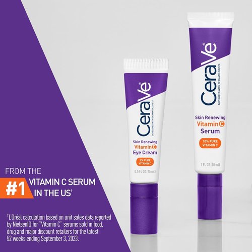 CeraVe Skin Renewing Eye Cream - Vitamin C & Hyaluronic Acid for Dark Circles | 0.5 Fl. Oz