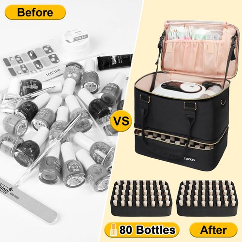 Covkev Nail Polish Organizer Hold 80 Bottles (15ml/0.5 fl.oz)& Nail Lamp, Double Layer Nail Bag Organizer Case with Handle, Large Nail Supplies& Kit Storage Case for Women Travel (Black& Golden)