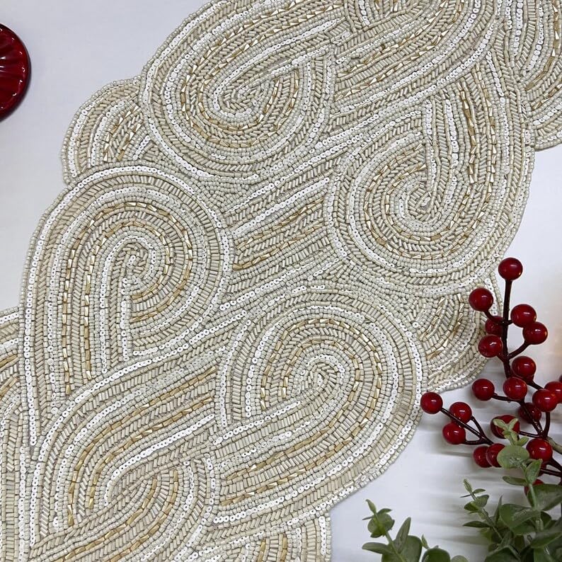 Pearl White Handmade Beaded Table Runner 13x36 Inch for Holiday & Party Decor