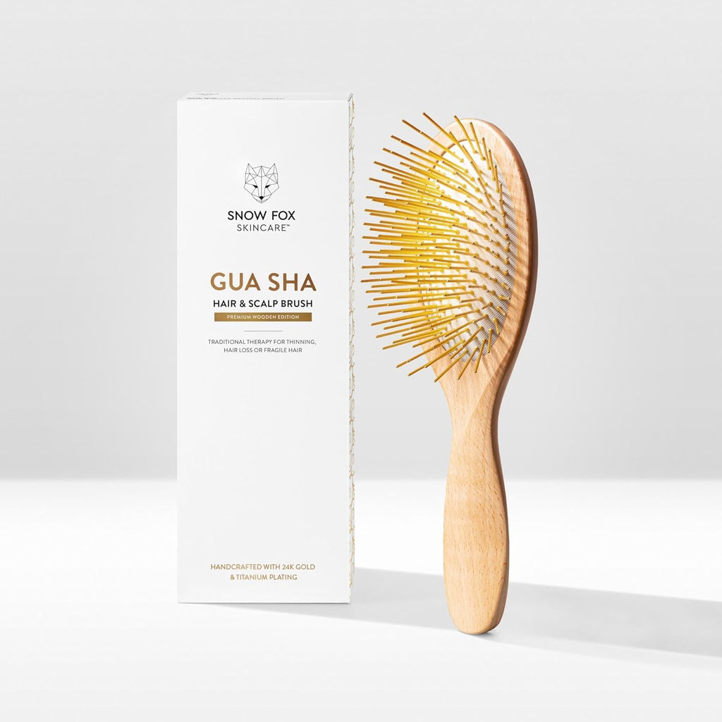 Snow Fox Skincare Gua Sha Hair Brush - Wooden Edition | Scalp Massage Comb with Gold-Plated Bristles for Healthy Follicles