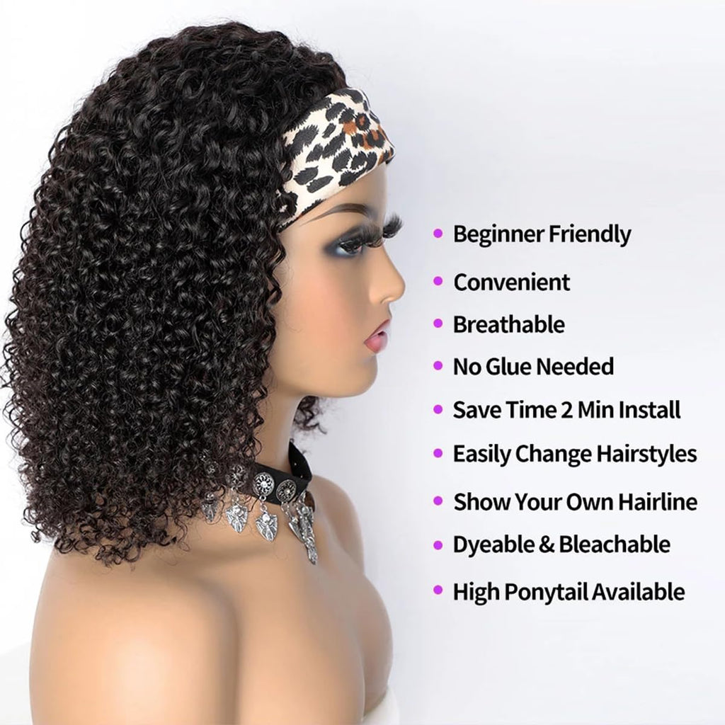 Water Wave Headband Wig Human Hair Glueless None Lace Headband Wig Brazilian Human Hair Machine Made Curly Wigs for Black Women, Short Wigs Kinky Curly Weave 100% Unprocessed Hair 150% Density 12 Inch