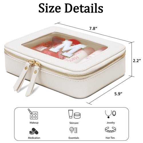 CLOUDWINGS Initial Travel Toiletry Bag - Cosmetic Bags for Girls with Zipper, Clear & Potable Makeup Bag for Travel, Cosmetic Pouch Perfect Gifts for Graduation (Beige, M)