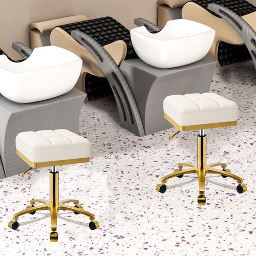 CQAEBK Square Rolling Stool Gold Adjustable Swivel Stools with Wheels, Vanity Lash Nail Salon Spa Roller Chair, Esthetician Massage Office Pedicure Stool, Heavy Duty Gold Plated Frame (White)