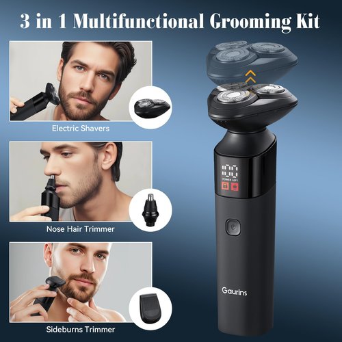 Electric Razor for Men,3 in 1 Men's Rotary Shavers with Charging Stand, IPX7 Waterproof Hygiene Trimmer for Beard/Nose/Sideburns, USB-C Fast Charging, LED Display Travel Lock,Matte Black