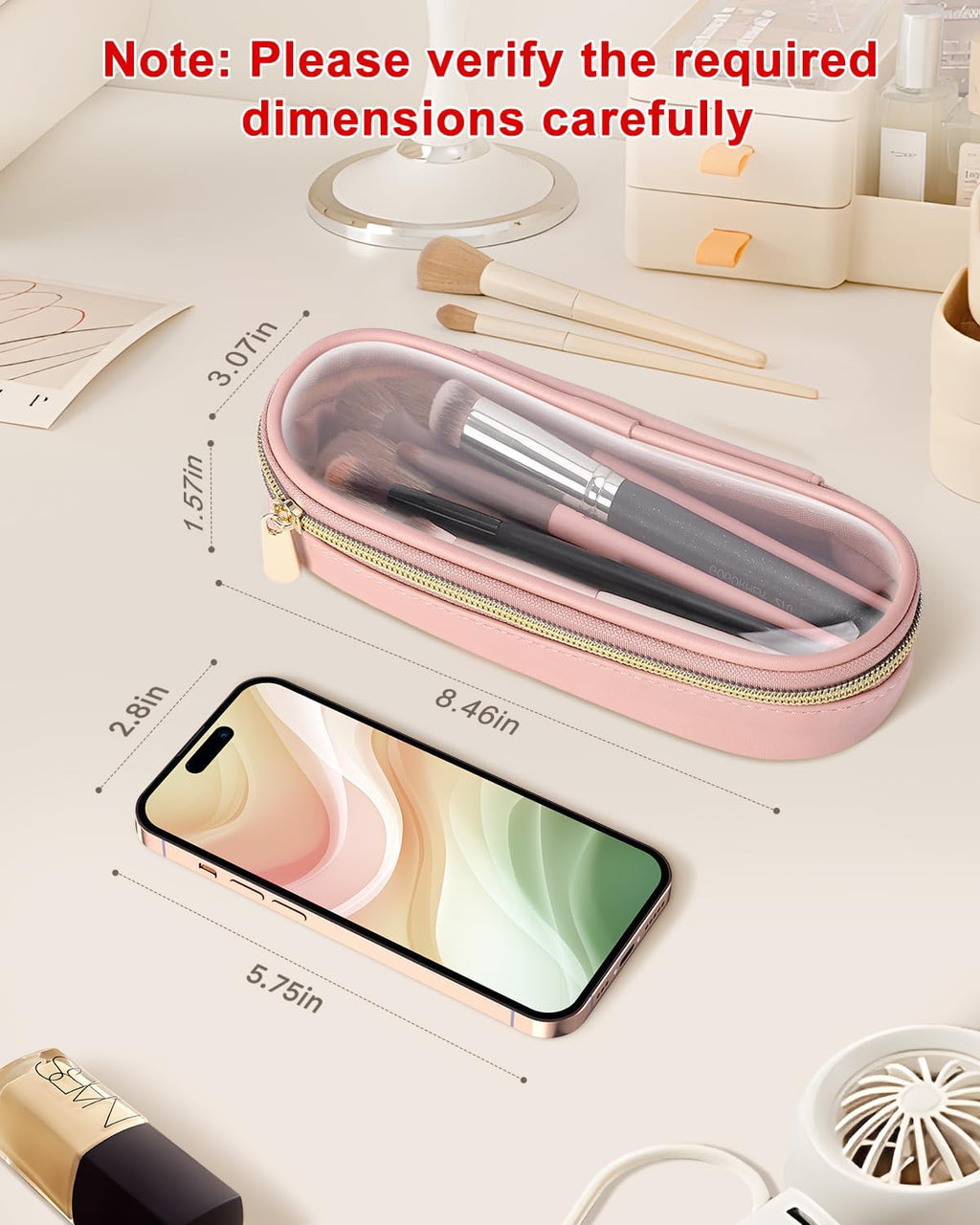 Soimeat Clear Travel Makeup Brush Holder - Waterproof Leather Cosmetic Case | Large Pink Design