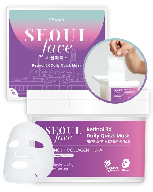 DERMAL Seoul Face Retinol + LHA Daily Quick Sheet Mask, 36 Count Pull-Out Dispenser Box with Tweezers, Pore & Wrinkle Care, Collagen + Peptides, Vegan Tencel