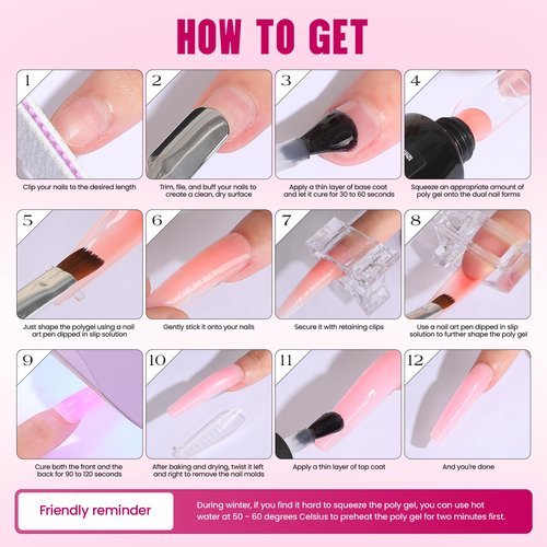 Poly Gel Nail Kit for Beginners: 14 Color Professional Gel Nail Extension Set with Slip Solution U V Lamp for DIY at Home Salon
