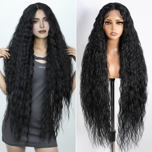 Joedir Hair Super Long Wigs for Women 36 inch Lace Front Wig 5 Inch Middle Parting Synthetic Hair Bohemian Waves (RC1B)