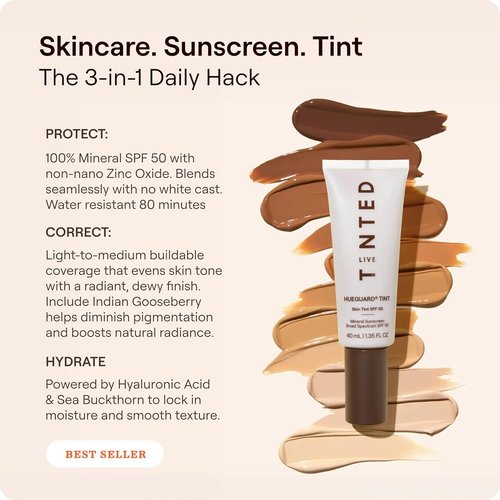 Live Tinted Hueguard Skin Tint SPF 50 | Tinted Mineral Sunscreen with Hydrating Finish - Light-Medium, 1.35 fl oz