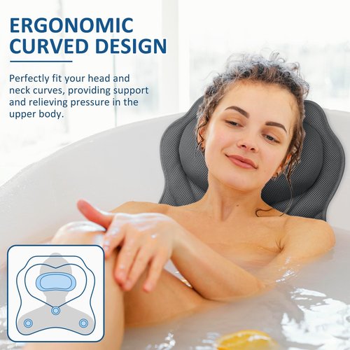 LuxStep Bath Pillow-Bathtub Pillow with Air Mesh Fabric & 6 Non-Slip Suction Cups, Bath Pillows for Tub Head, Neck and Back Support, Bath Accessories Spa Gifts, Grey