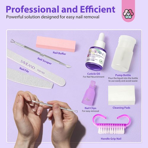 SAVILAND Pure Acetone Nail Polish Remover Kit - Fast & Easy Gel Polish Removal with Tools & Cuticle Oil | 8.45 FL Oz