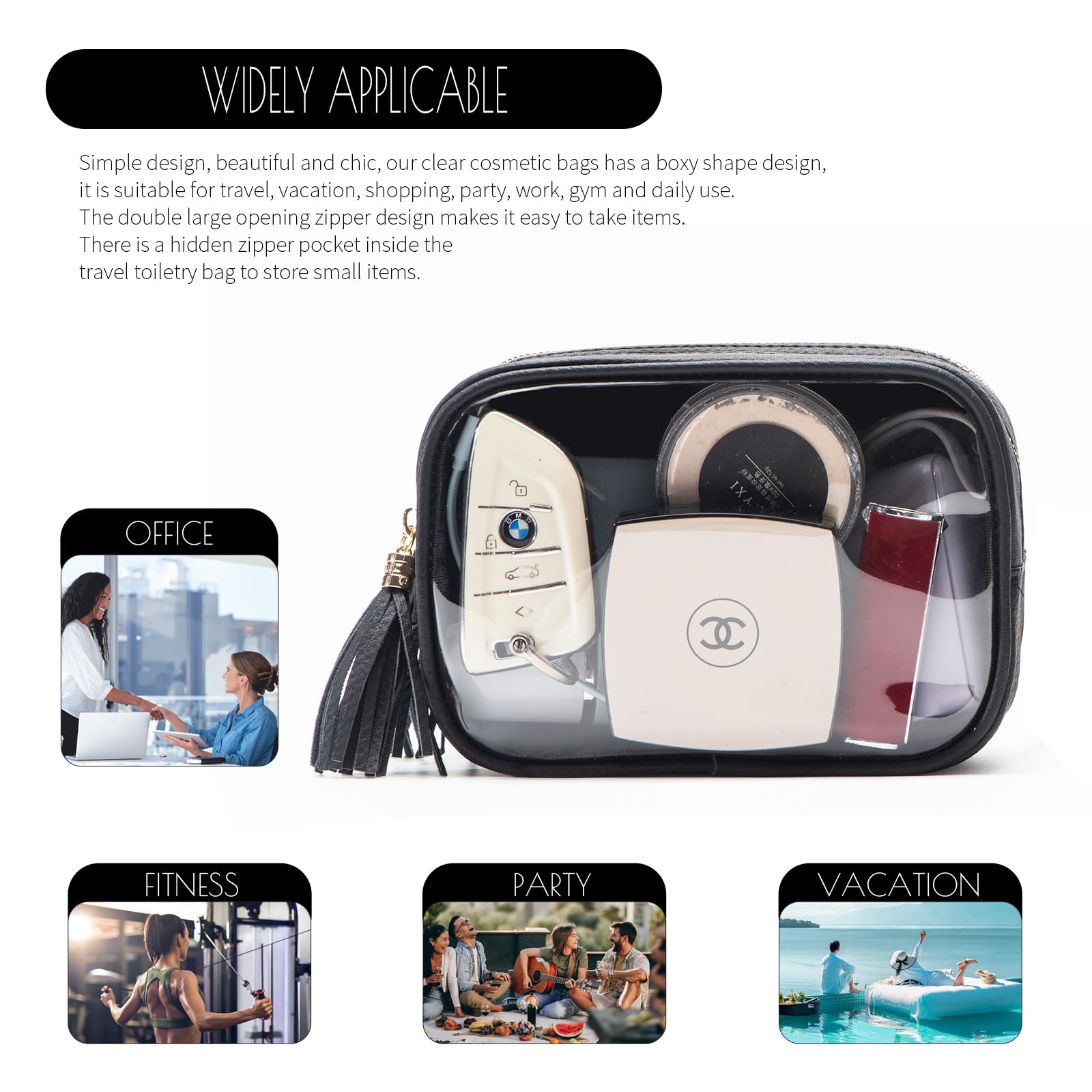 XIAOLER Clear Makeup Bag Organizer for Women, Double Sided Cosmetic Travel Bag with Dual Zippers,PU Leather Waterproof Travel Toiletry Bag Portable Make up Pouch for Home Office (Black, Medium)