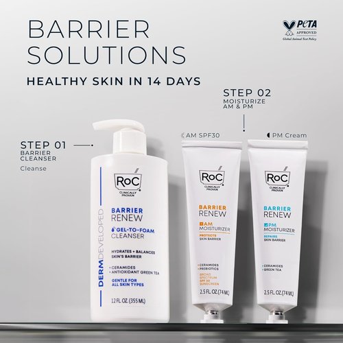 RoC Barrier Renew Gel-To-Foam Facial Cleanser - Hydrating Formula for Sensitive Skin | 12 Ounces
