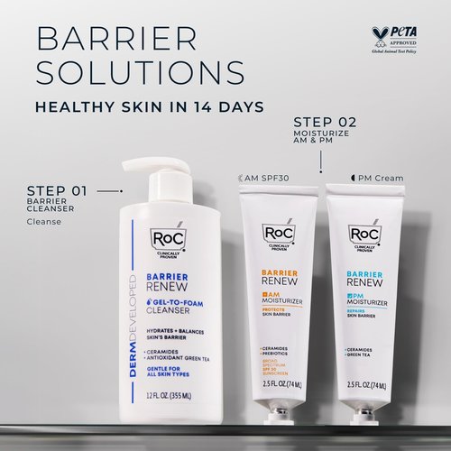RoC Barrier Renew Day Cream with SPF 30, Moisturizer with Ceramides & Prebiotics to Protect Skin Barrier, (2.5 oz) with Retinol Eye Cream Packette