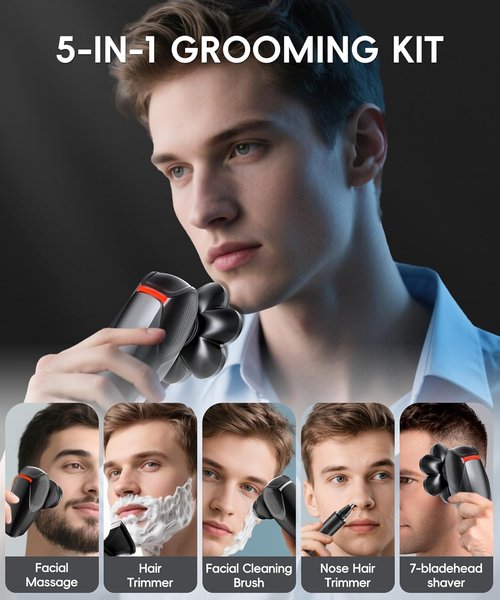 Skiennix 5-in-1 Men's Grooming Kit - 7D Rotary Electric Head Shaver | IPX8 Waterproof, Midnight Black