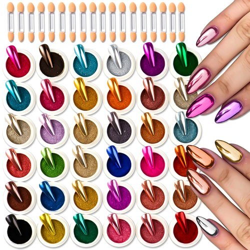 36 Jars Chrome Nail Powder Kit, Metallic Mirror Chrome Powder Pigment for Gel Nails, Holographic Mirror Glitter Rub Dust Set for Nail Art Decoration Home DIY Salon Use
