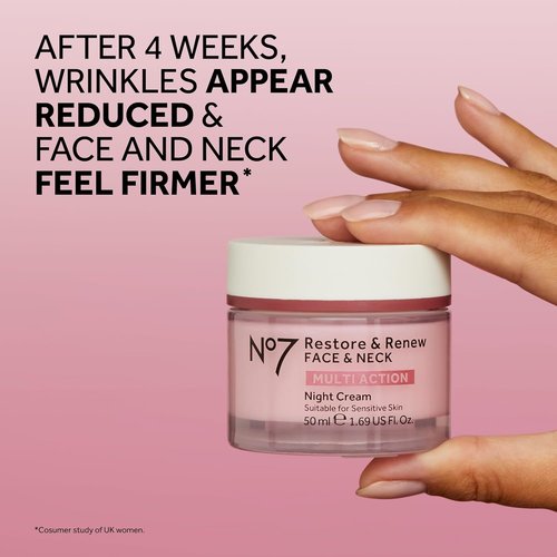 No7 Restore & Renew Night Cream - Collagen Peptide Anti-Aging Face & Neck Cream | Hydrating & Fragrance-Free (50ml)