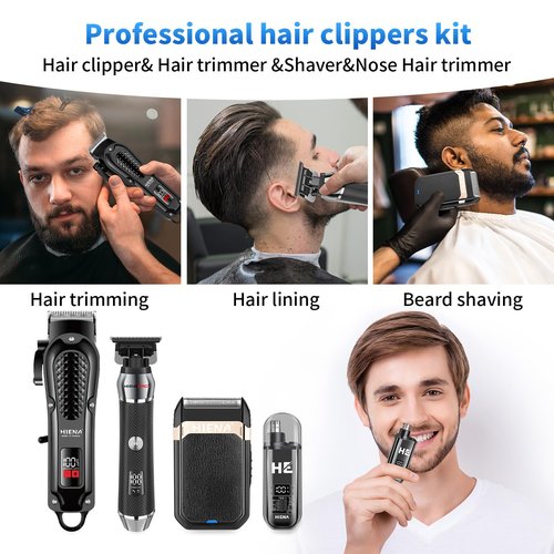 HIENA PRO Professional Cordless Hair Clippers for Men, T-Blade Beard Trimmer & Foil Shaver & Nose Hair Trimmer Set, Rechargeable Electric Barber Hair Cutting Grooming Kit
