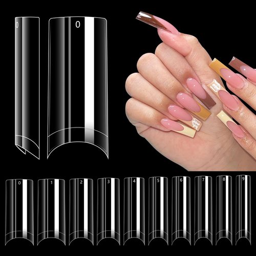 LIONVISON 500PCS No C Curve Nail Tips, Long Square 10 Sizes Half Cover Straight Square French Clear Fake Nail Tips for Acrylic Nails Professional for Nail Art Salon