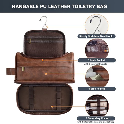 LIANHTAI Toiletry Bag for Men, Large Leather Travel Pouch Bag with Hanging hook,Travel Essentials Dopp kit, Men's Shaving Grooming Kit,Gifts for Father, Dad, Boyfriend, Grandpa, Shaving Kit