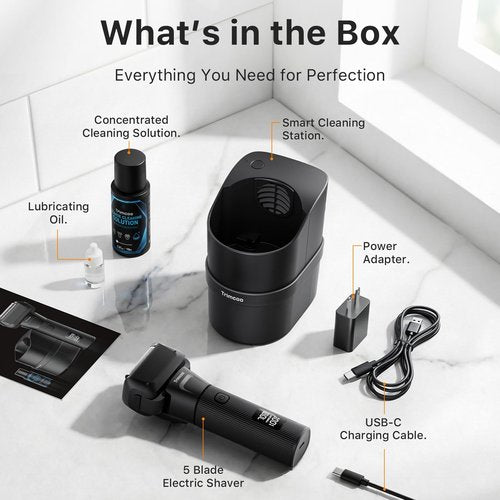 Electric Shaver for Men - Trimcoo 5-Blade Foil Razor Kit | Gentle on Sensitive Skin | Self-Cleaning Center, USB-C Charging, 180min Runtime, IPX7 Wet/Dry Use with Pop-Up Trimmer, Ideal Grooming Gift