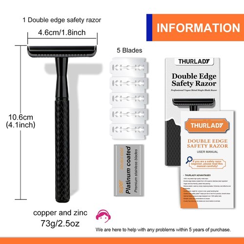 THURLADY Matte Black Safety Razor - Single Blade Razors for Men - Reusable Metal Razor, with 5 Stainless Steel Double Edge Blades, Smooth Close Shave, Sustainable, Plastic Free