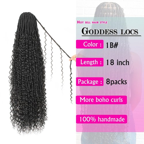 Goddess Locs Crochet Hair 18 Inch Faux Locs Crochet Pre-looped Boho Faux Loc with Curly Ends 8 Packs Long Bohemian River Loc Crochet Hair for Black Women(18Inch,1B#)