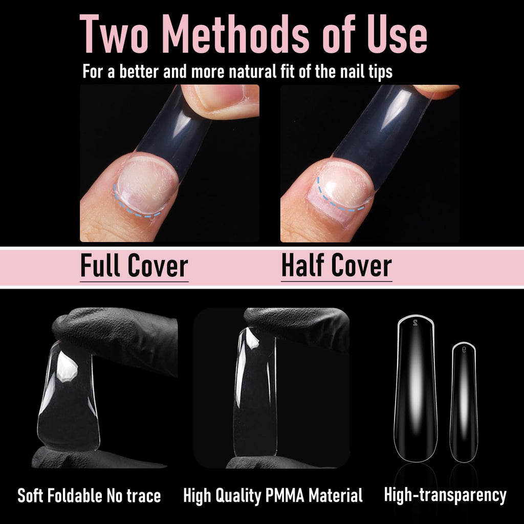 Wellquinn Curved Square Nail Tips Press on Full Cover Nails, Extra Curve Clear XXL Square Nail Tips Long XL Acrylic Fake Nails Extension, French False Nail 12 Sizes 240pcs