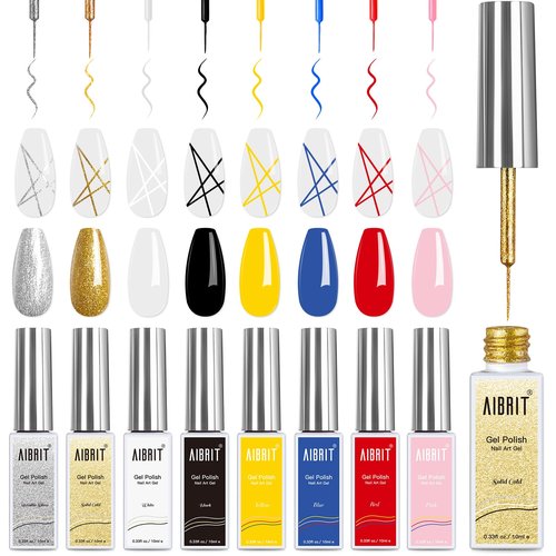 Gel Polish Nail Art Liner Set,10ml,8 Colors Nail Design Paint for Swirl Nail Built with Thin Nail Art Brush in Bottle Art Design Nail Salon DIY