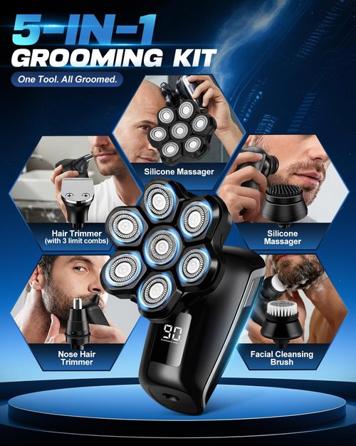 Maraiss Head Shavers for Blad Men, 7D Floating Blades Electric Head Shaver, IPX7 Waterproof Wet Dry Bald Head Shaver, Magnetic Detachable Rechargable Head Shavers, Gifts for Man Male Father Husband