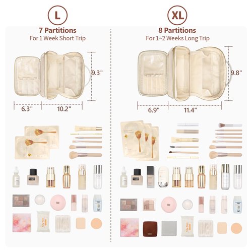 PACKISM Quilted Travel Makeup Bag for Women - PU Leather Open Flat Cosmetic Bags for Women with Dividers, Independent Brush Holder, Waterproof Make Up Organizer for Travel Bathroom, Cream (L)