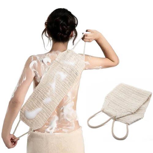 Natural Sisal & Ramie Exfoliating Back Scrubber for Shower with Handle - Deep Cleanse Back Scrubber, Scrub Spa Tool for Glowing Skin & Whole Body Care