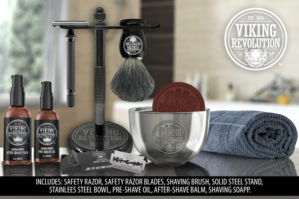 Viking Revolution Luxury Safety Razor Shaving Kit - Includes Double Edge Safety Razor, Stand, Bowl, After-Shave Balm, Pre-Shave Oil, Badger Brush - Safety Razor Kit