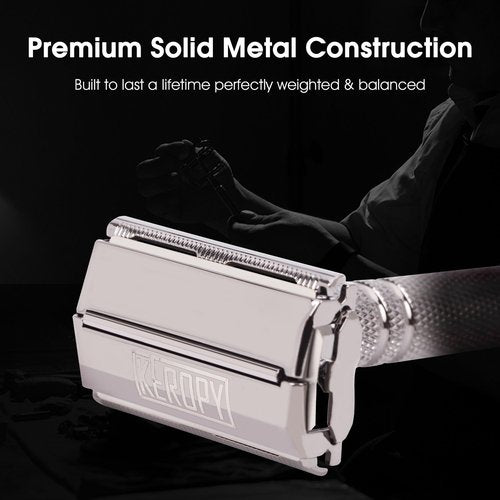 Double Edge Safety Razor with 10 Disposable Blades, Butterfly Open Head Features - Washable Reusable Metal Razor, Ergonomic Design Portable Shaving Kit for Beard Shape Up - Gloss Black
