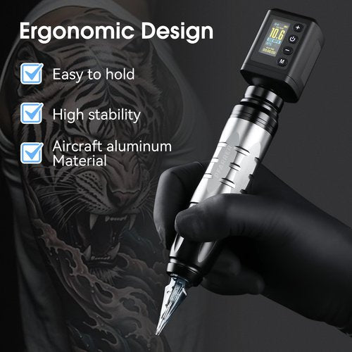 PFARRER Wireless Tattoo Gun Tattoo Kit Professional 2 Batteries Motor Digital Display Tattoo Machine with 10Pcs Tattoo Needles Tattoo Ink Tattoo Accessories PR-TKP651B-7