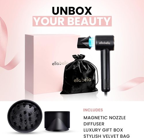 ELLA BELLA® Compact Plasma Hair Dryer - Advanced Technology, Rapid Drying & Low Noise | Includes Diffuser & Travel Bag