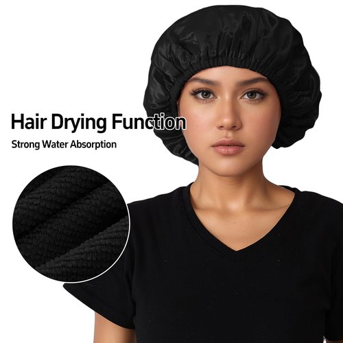QFE 4PCS Shower Cap for Women Terry Lined Waterproof Reusable Long Hair Cover for Swimming Elastic Band Large Wide Bathing Bath Accessories Shower Caps for Women and Men to Keep Hair Dry Black White