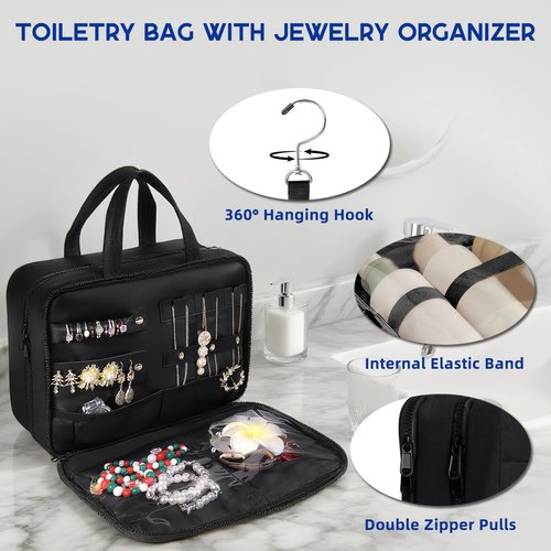 CONBOLA Hanging Travel Toiletry Bag for Women - Makeup Bag & Jewelry Organizer - Cruise Essentials & Vacation Must Haves - Portable Makeup Organizer for Toilets, Cosmetics, Rings & Necklaces.(Black)