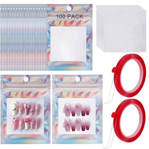 100 PCS Press on Nail Packaging Bag for False Nail Tips Holographic Press On Nail Storage Bag 100 PCS White Card with 2 Roll Transparent Tape for Nail Display Fake Nail Storage Organizer Nail Supplies
