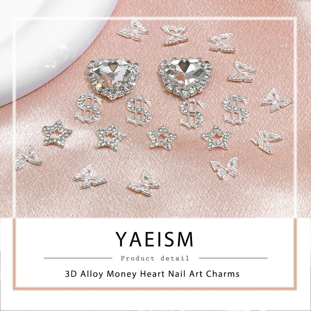 YAEISM Nail Art Charms Kit - 3D Crystal Heart, Sliver Dollar Sign, Metal Butterfly, Silver Rhinestones, Star Nail Gems for DIY Crafts & Jewelry Decoration