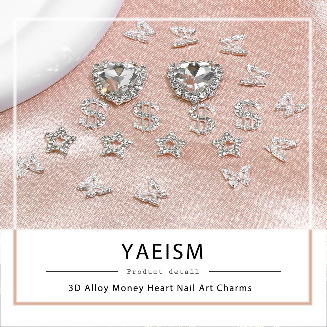 YAEISM Nail Art Charms Kit - 3D Crystal Heart, Sliver Dollar Sign, Metal Butterfly, Silver Rhinestones, Star Nail Gems for DIY Crafts & Jewelry Decoration