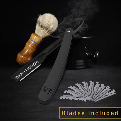 BEAUTICONE® Straight Razors for Men – Professional Barber Straight Edge Razor Kit with Replaceable Single Edge Blades - Navajas Para Barbero - Pouch Gift Box 1.2 mm Exposed for Close Shave Ultra Light