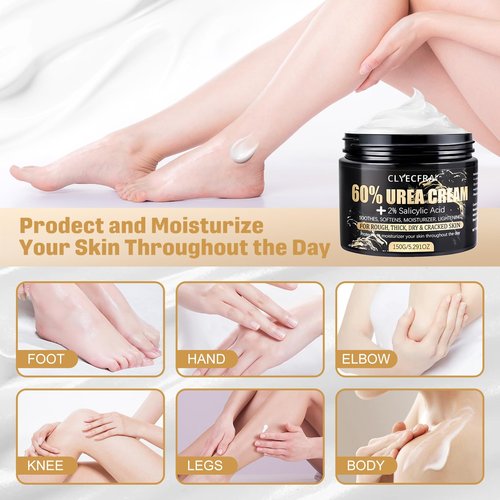 Clyecfra 60% Urea Cream with 2% Salicylic Acid, Urea Cream 60 Percent for Feet & Hands- Maximum Strength Moisturizer for Rough, Dry, Thick & Cracked Skin, Callus Remover, Deep Hydration, 150g