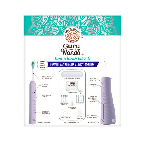 GuruNanda Lion & Lamb Kit 2.0, Electric Toothbrush with Water Flosser Combo, 4 Jet Tips, 4 Brush Heads, & IPX7 Waterproof Design for Complete Oral Care, Lavender