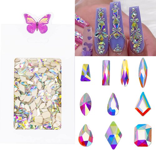 HNUIX Nail Rhinestones - 300pcs Crystals AB, Multiple Shape Gems, Flat Back Rhinestones, for Nail Art