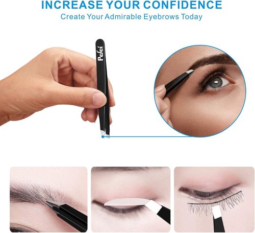 Pefei Tweezers Set - Professional Stainless Steel Precision Tweezers for Eyebrow & Facial Hair Removal | Black